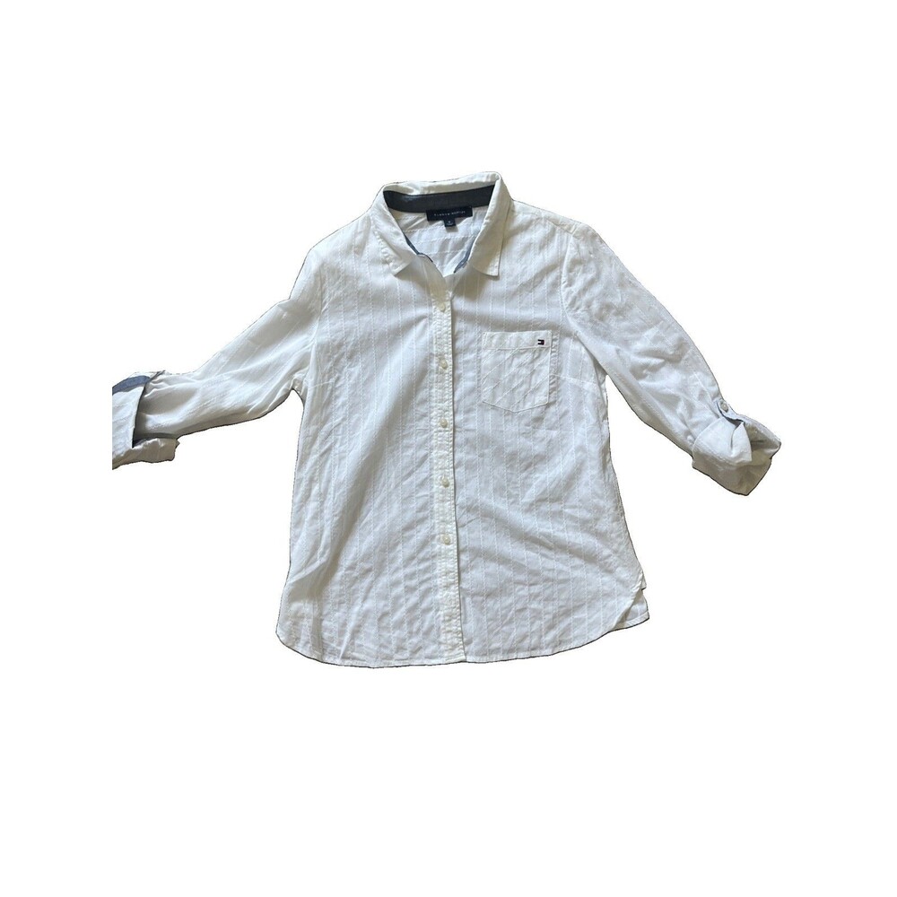 Tommy Hilfiger Women Shirt M White 100% Cotton Roll Tab Long Sleeves